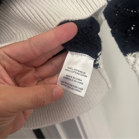 Milly STRIPED POINTELLE PULLOVER Open Knit Navy Blue Ecru Sweater - Picture 3 of 5